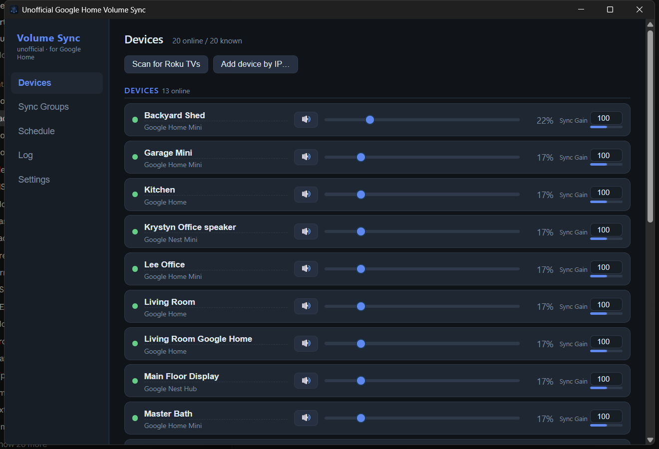 The Devices view: every Google Home and Nest speaker on the network with live volume sliders and a Sync Gain control