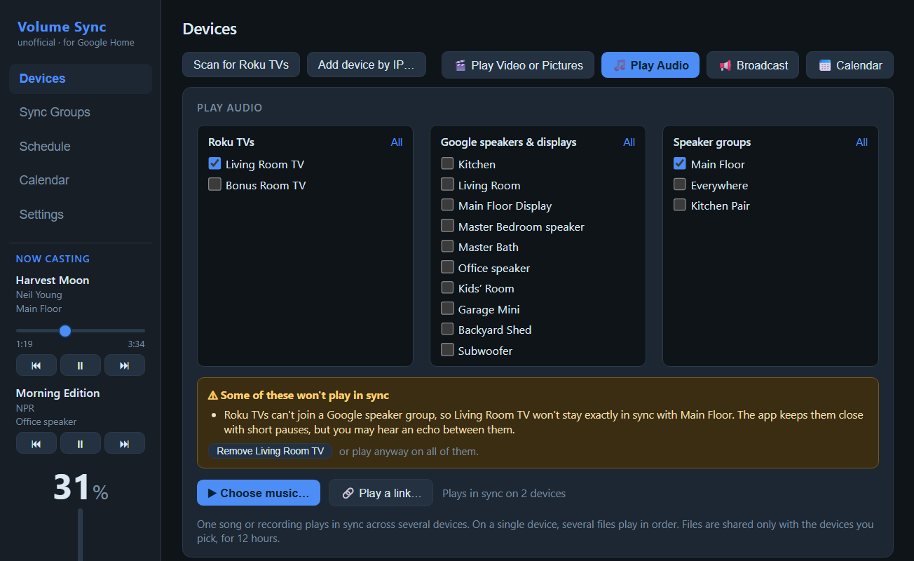 Play Audio panel with a Roku TV and a speaker group picked and a warning about sync