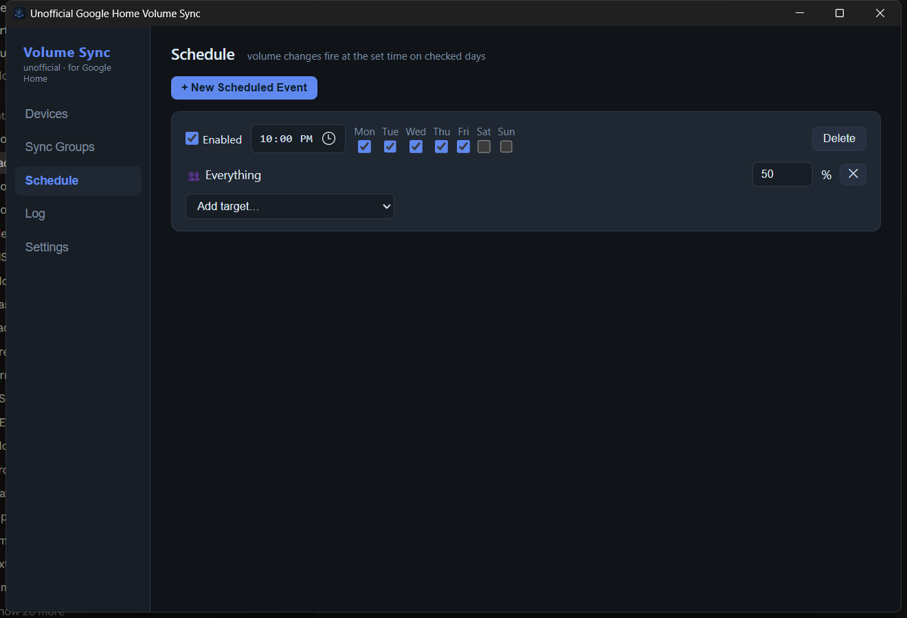 Schedule view with a 10 PM weekday rule setting the Everything group to 50%
