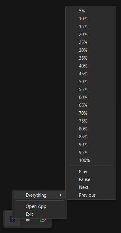 The tray menu: a group submenu listing 5% to 100% presets and transport controls